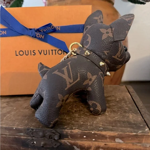 Up cycled from LV leather Monogram Dog Charm with Gold Chain - Picture 5 of 6